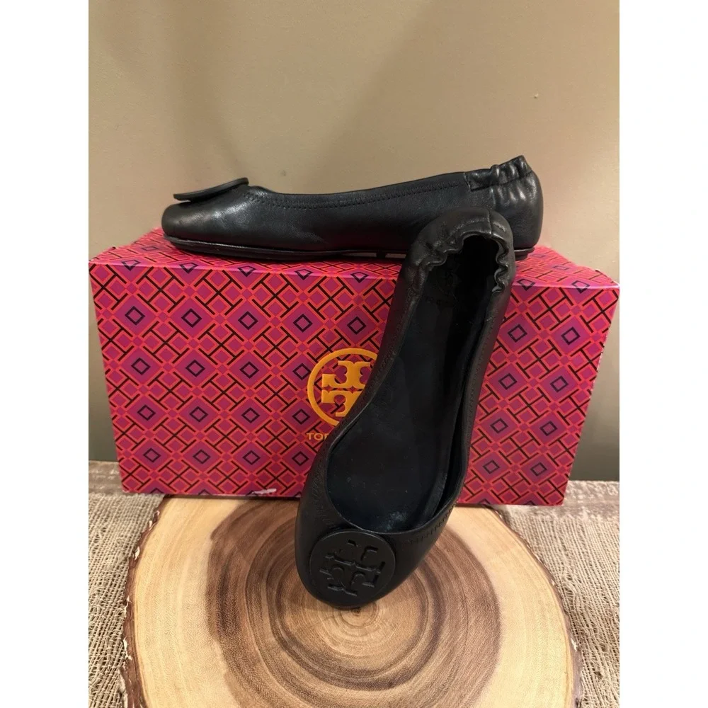 Tory Burch Minnie Travel Matte Black Leather Round Toe Ballet Flats Size 6.5